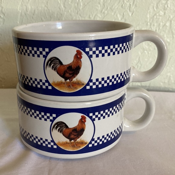 Rooster 2 soup mugs  Dark blue checkered vintage Farmhouse - Picture 1 of 6